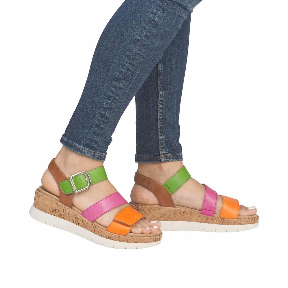 NEW REMONTE gizela tri-color leather wedge sandal in orange pink green